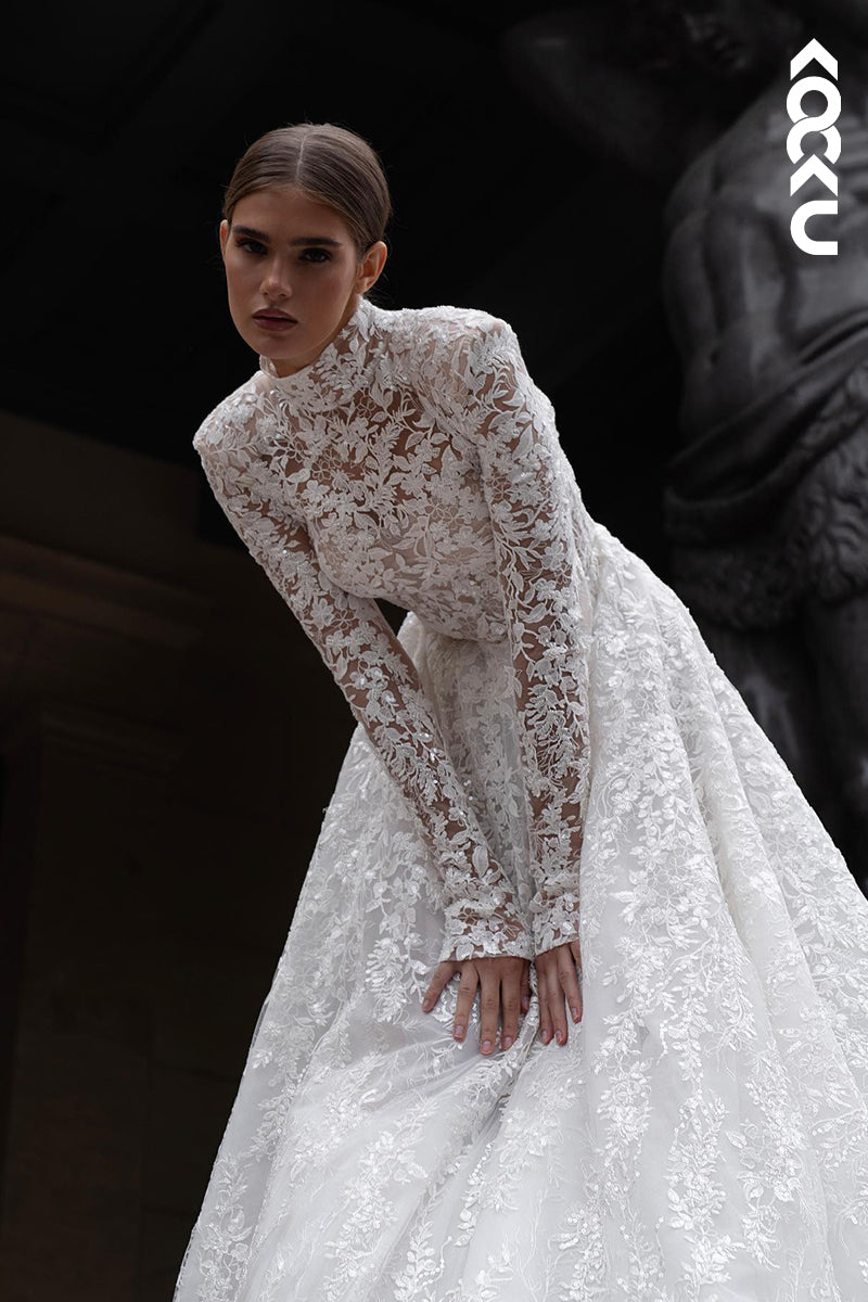 K2043 - Glamorous & Dramatic High Neck Long Sleeves A-line Applique Wedding Dress