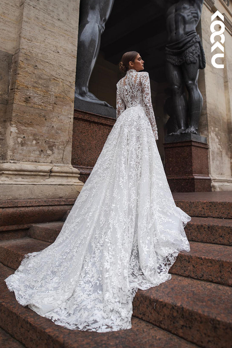 K2043 - Glamorous & Dramatic High Neck Long Sleeves A-line Applique Wedding Dress