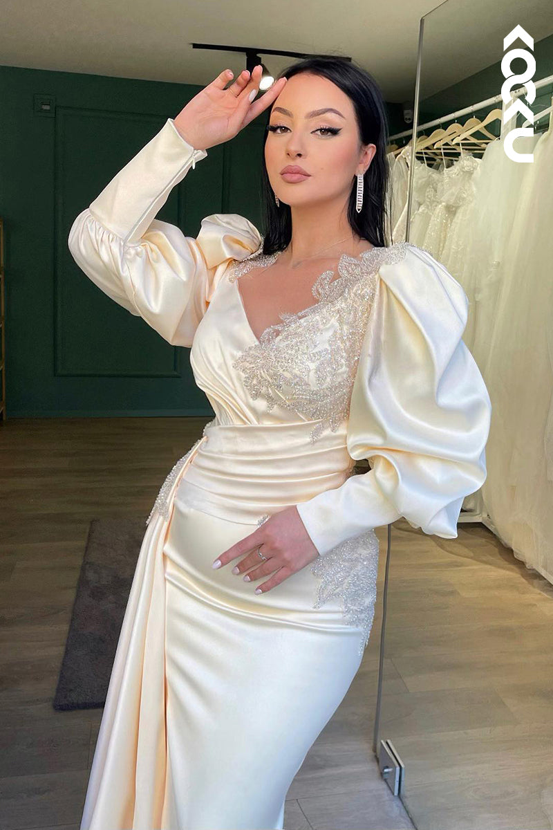 L2910 - Couture & Ornate Long Sleeves V-Neck Sheath Side Slit Formal Prom Dress