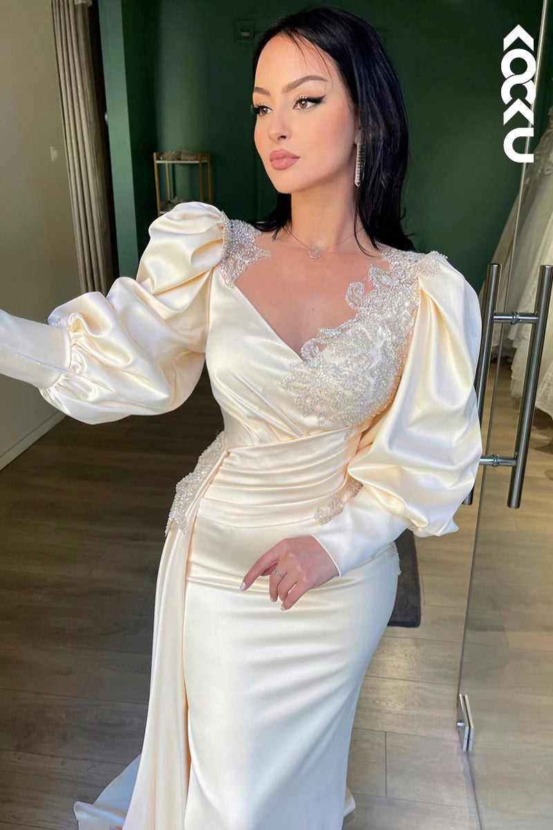 L2910 - Couture & Ornate Long Sleeves V-Neck Sheath Side Slit Formal Prom Dress
