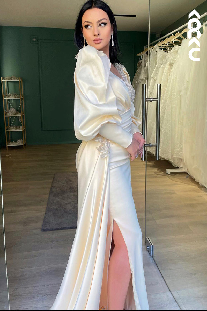 L2910 - Couture & Ornate Long Sleeves V-Neck Sheath Side Slit Formal Prom Dress