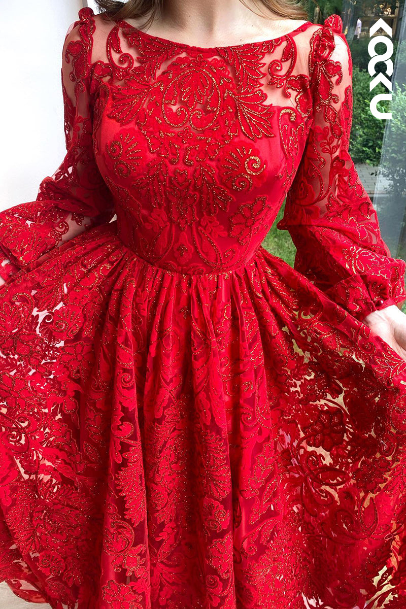 L2917 - Couture & Ornate A-Line Long Sleeves Printed Formal Party Prom Dress