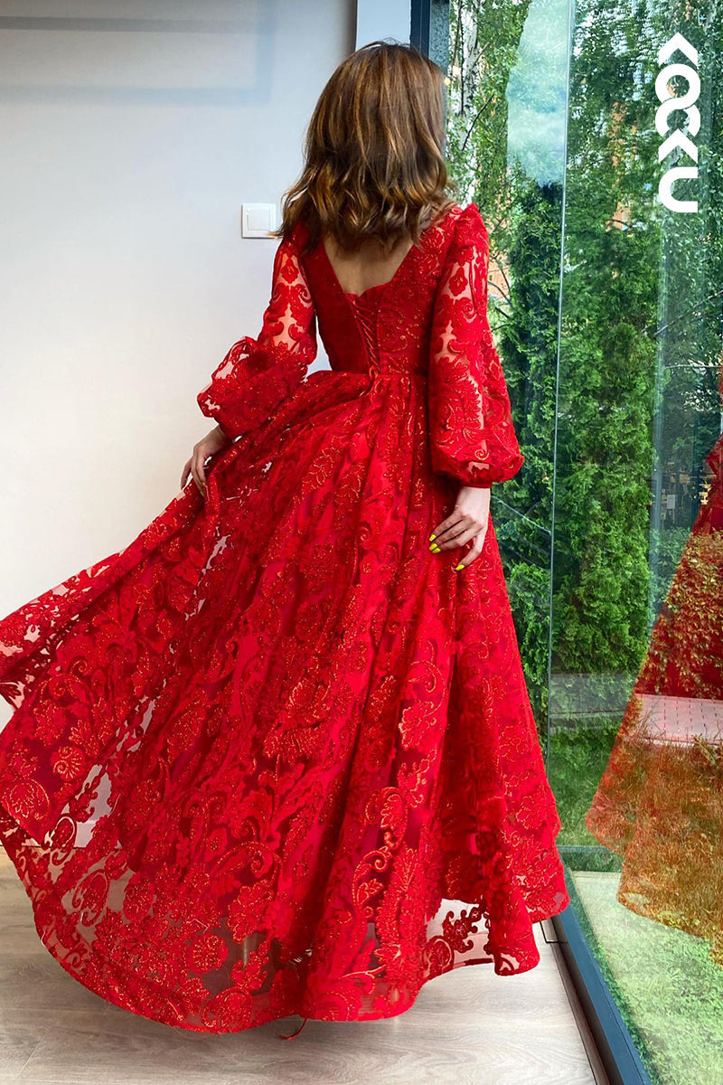 L2917 - Couture & Ornate A-Line Long Sleeves Printed Formal Party Prom Dress