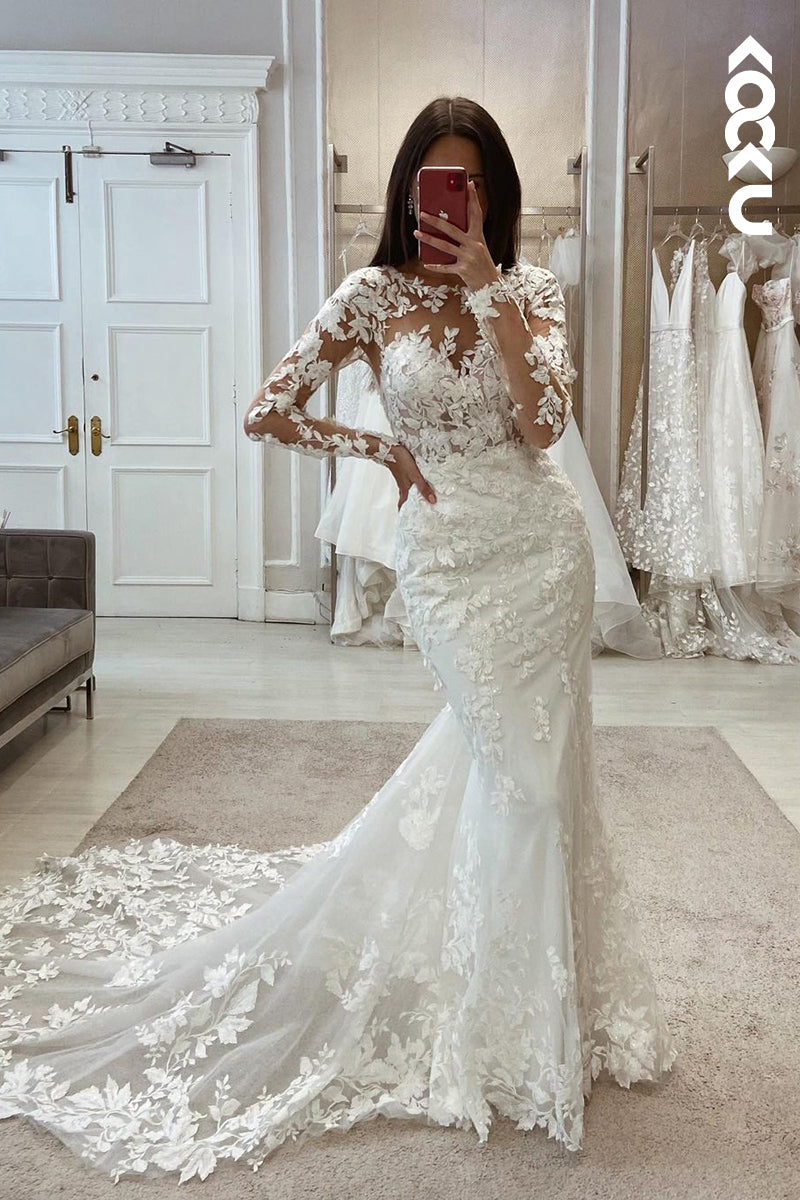 K1988 - Elegant & Luxurious Long Sleeves Mermaid Appilque V-Neck Wedding Dress