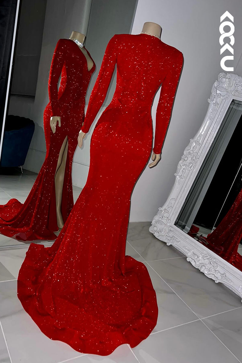 L2804 - Classic & Timeless V-Neck Long Sleeveles Mermaid Sequins Slit Evening Prom Dress