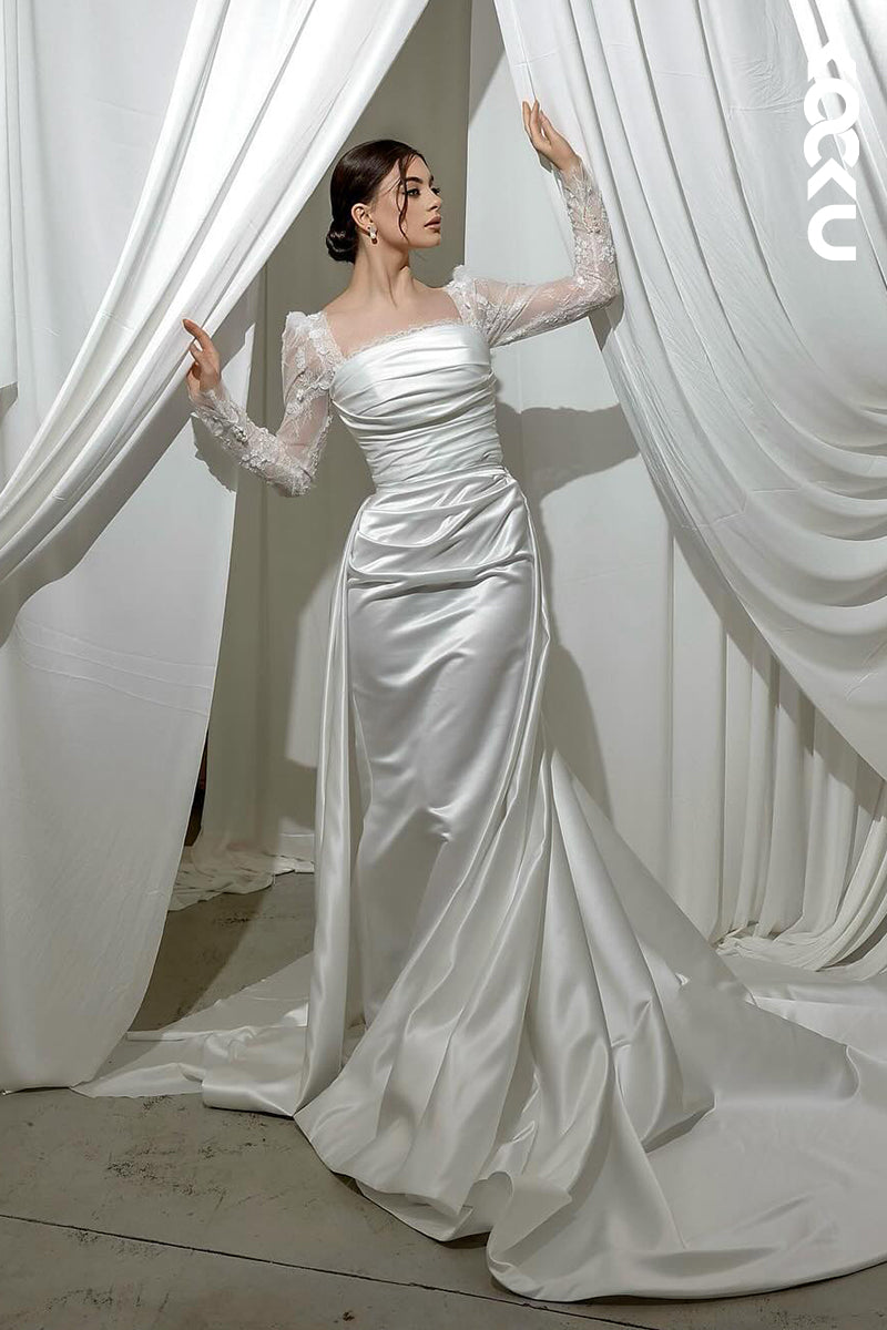 K2077 - Glamorous & Dramatic Square Long Lace Sleeves Satin Mermaid Wedding Dress