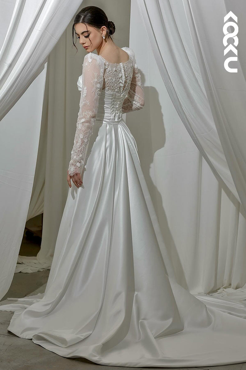 K2077 - Glamorous & Dramatic Square Long Lace Sleeves Satin Mermaid Wedding Dress