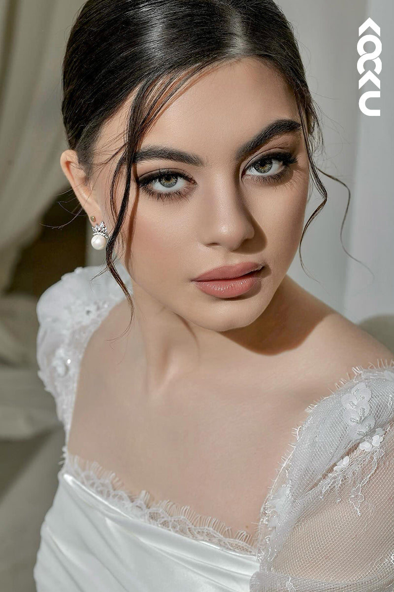 K2077 - Glamorous & Dramatic Square Long Lace Sleeves Satin Mermaid Wedding Dress