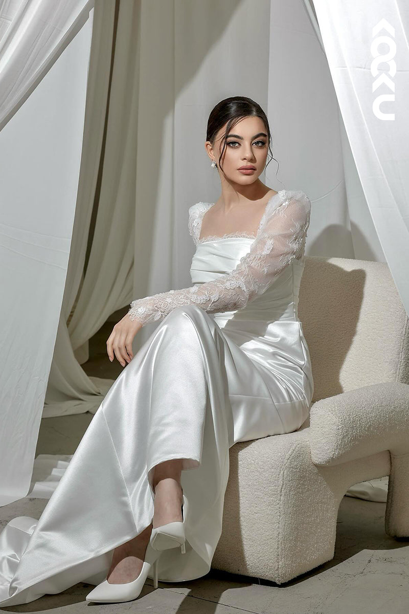 K2077 - Glamorous & Dramatic Square Long Lace Sleeves Satin Mermaid Wedding Dress