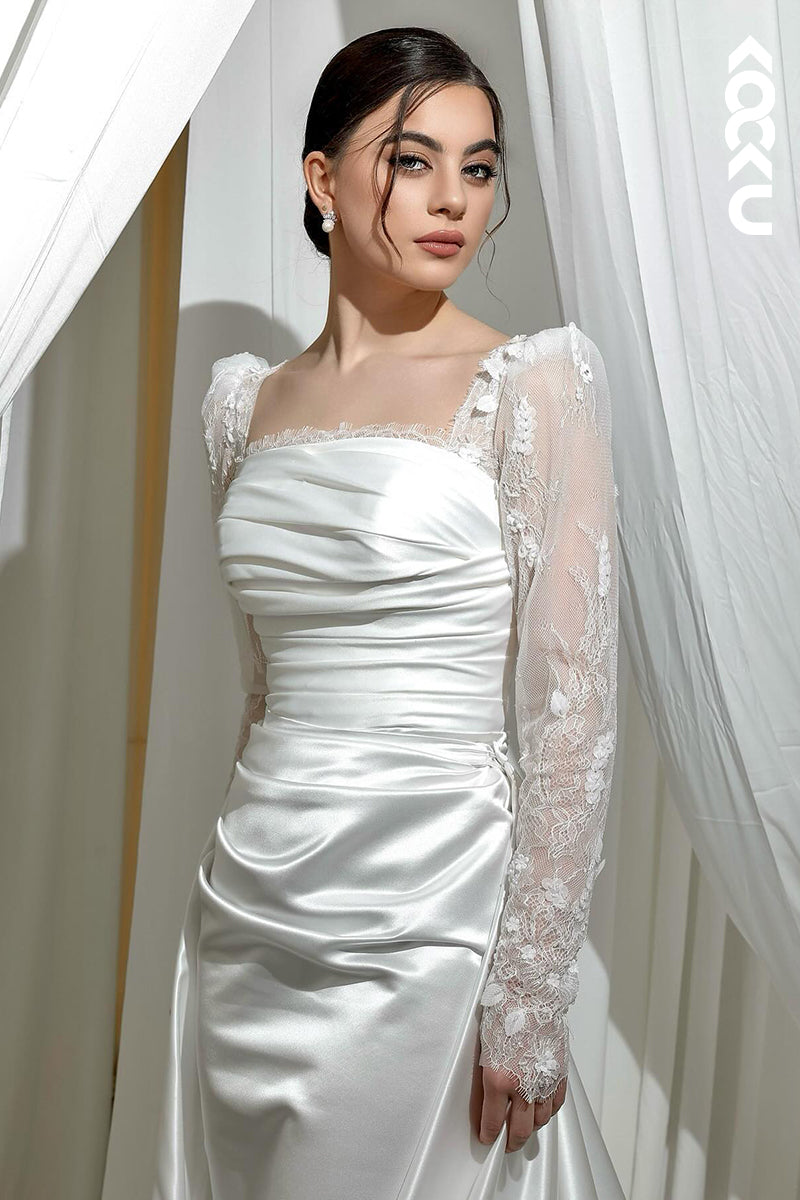 K2077 - Glamorous & Dramatic Square Long Lace Sleeves Satin Mermaid Wedding Dress