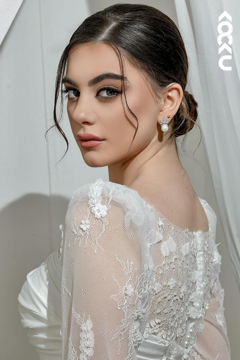 K2077 - Glamorous & Dramatic Square Long Lace Sleeves Satin Mermaid Wedding Dress