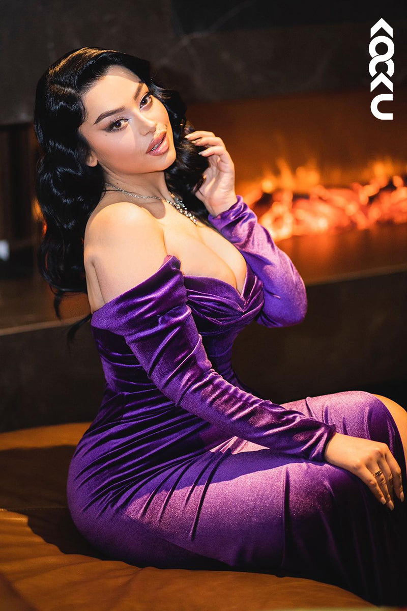 L2912 - Sexy & Hot Of-Shoulder V-neck Long Sleeves Mermaid Side Slit Evening Party Prom Dress