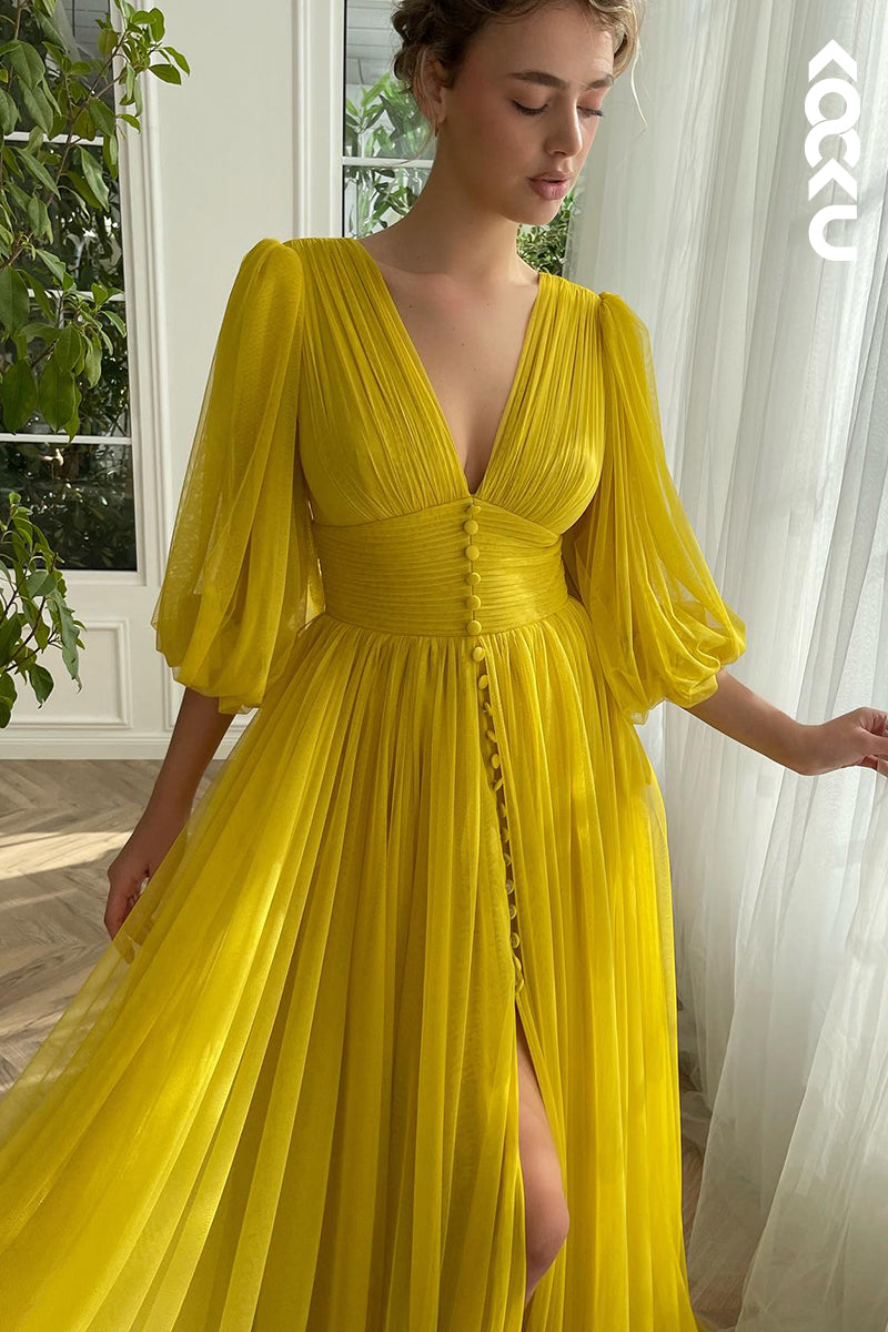 L2834 - Classic & Timeless V-neck Long Sleeves A-line Slide Slit Tulee Formal Prom Dress