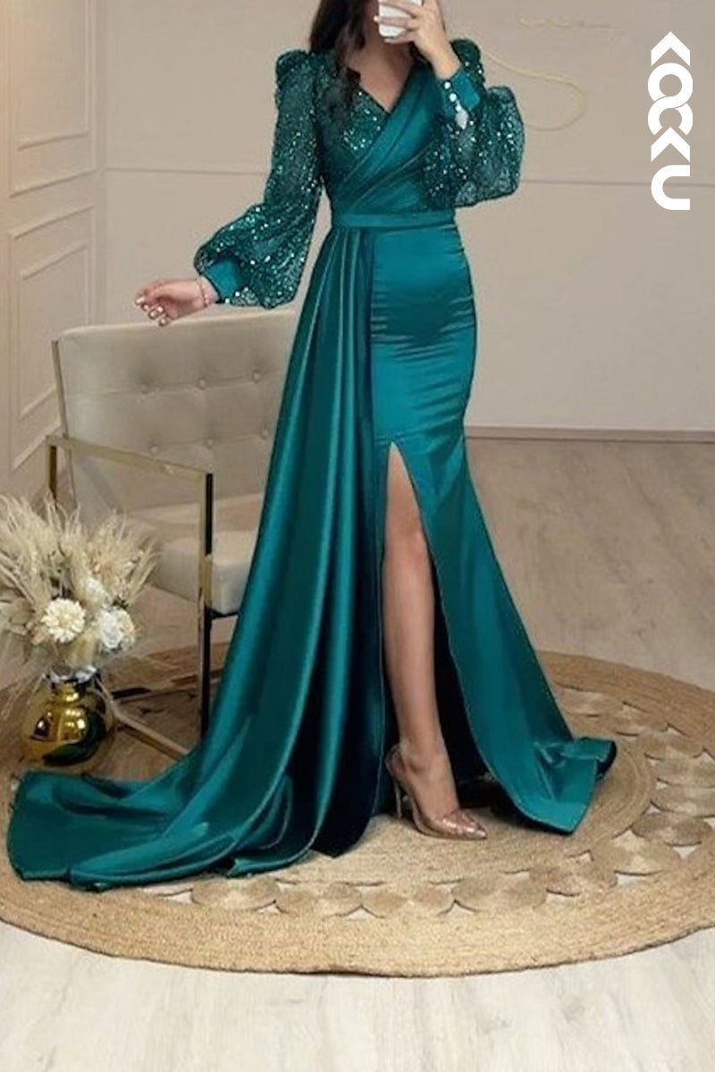 L3057 - Classic & Timeless Slit Long Sleeves V-Neck Evening Party Prom Dress