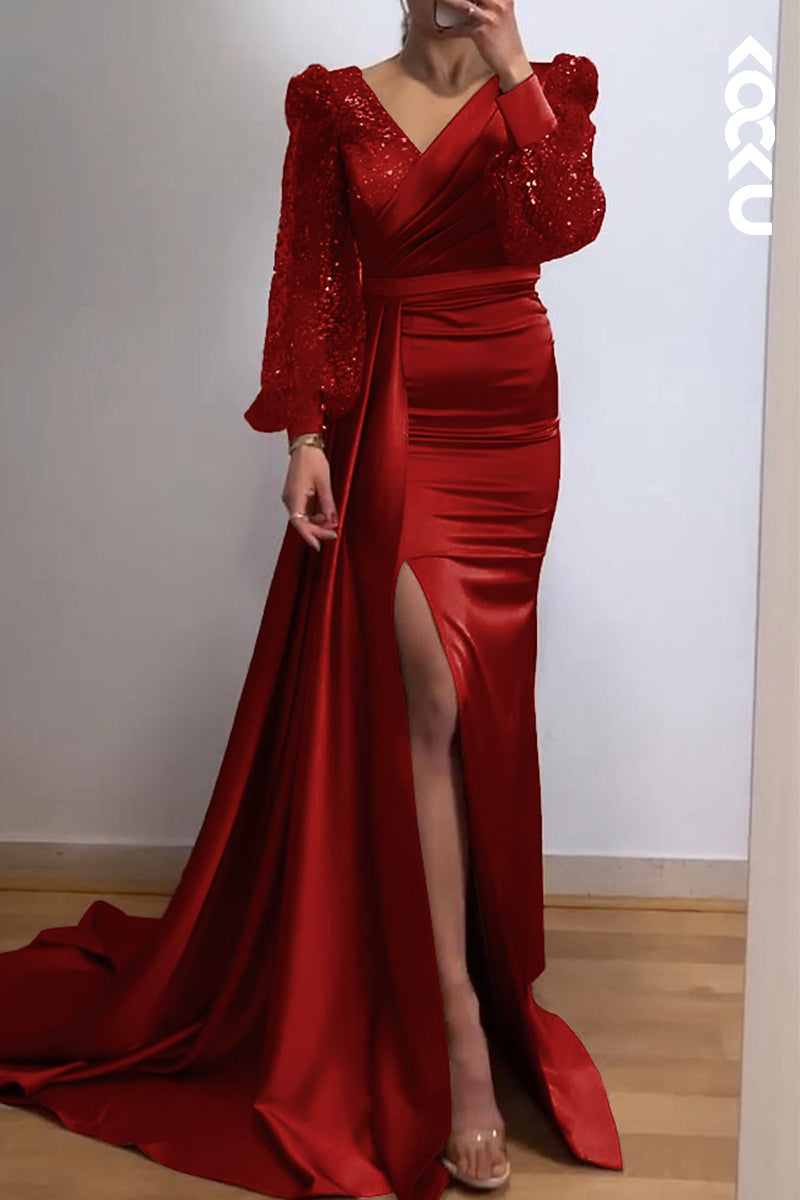 L3057 - Classic & Timeless Slit Long Sleeves V-Neck Evening Party Prom Dress