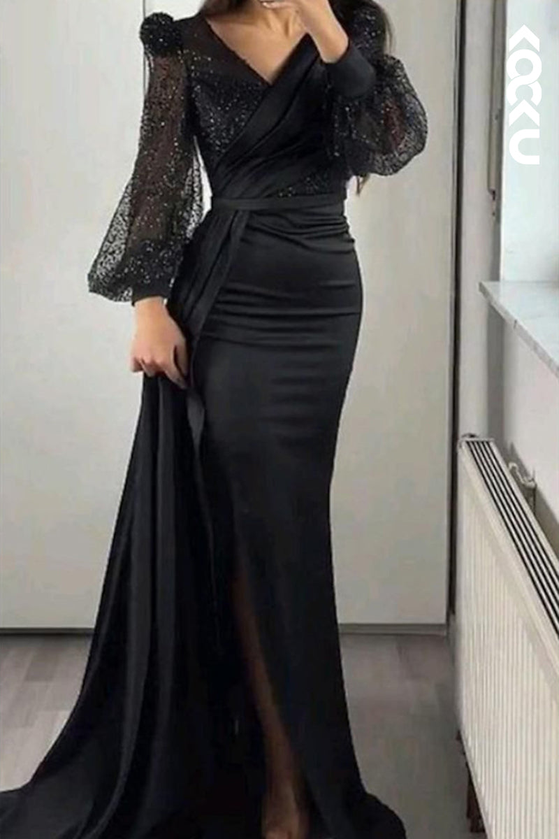 L3057 - Classic & Timeless Slit Long Sleeves V-Neck Evening Party Prom Dress
