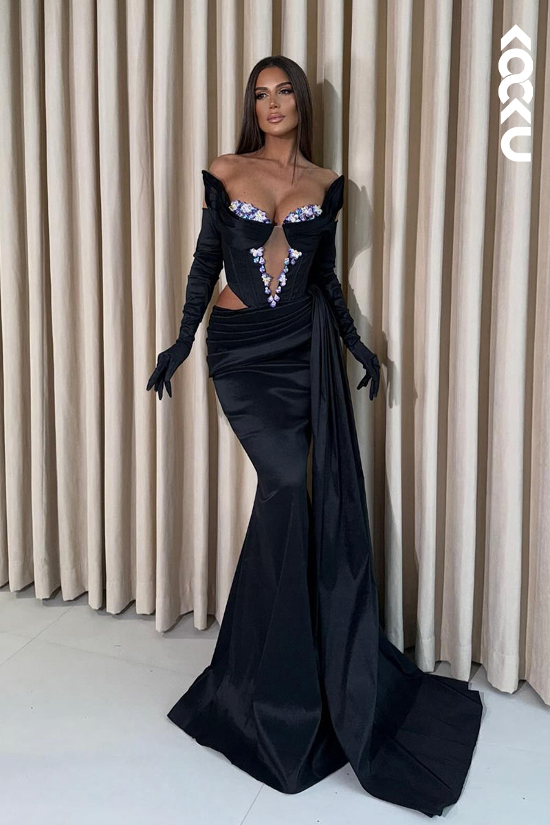 L2904 - Couture & Ornate Long Sleeves Mermaid Off-Shoulder Sexy Evening Party Prom Dress