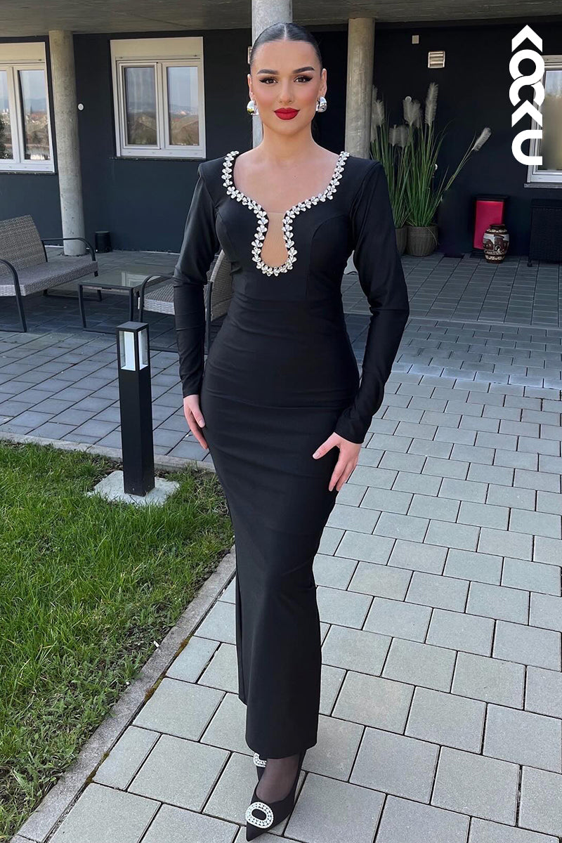 L2936 - Elegant & Luxurious Rhinestone Long Sleeves V-neck Sheath Evening Prom Dress