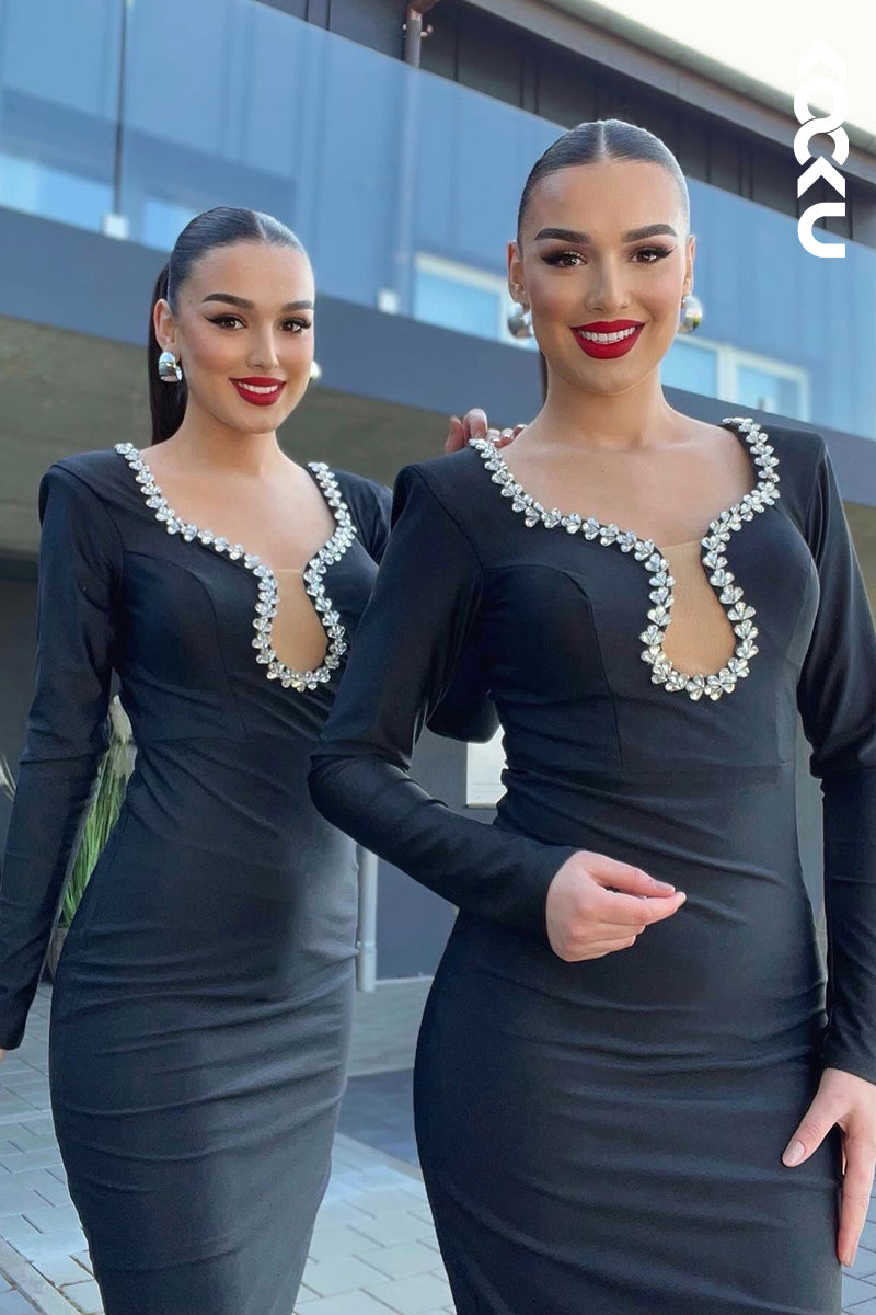 L2936 - Elegant & Luxurious Rhinestone Long Sleeves V-neck Sheath Evening Prom Dress