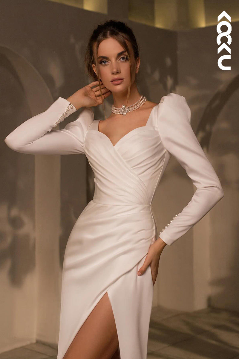 K2028 - Classic & Timeless V-Neck Long Sleeves Sheath Side Slit Ruched Wedding Dress