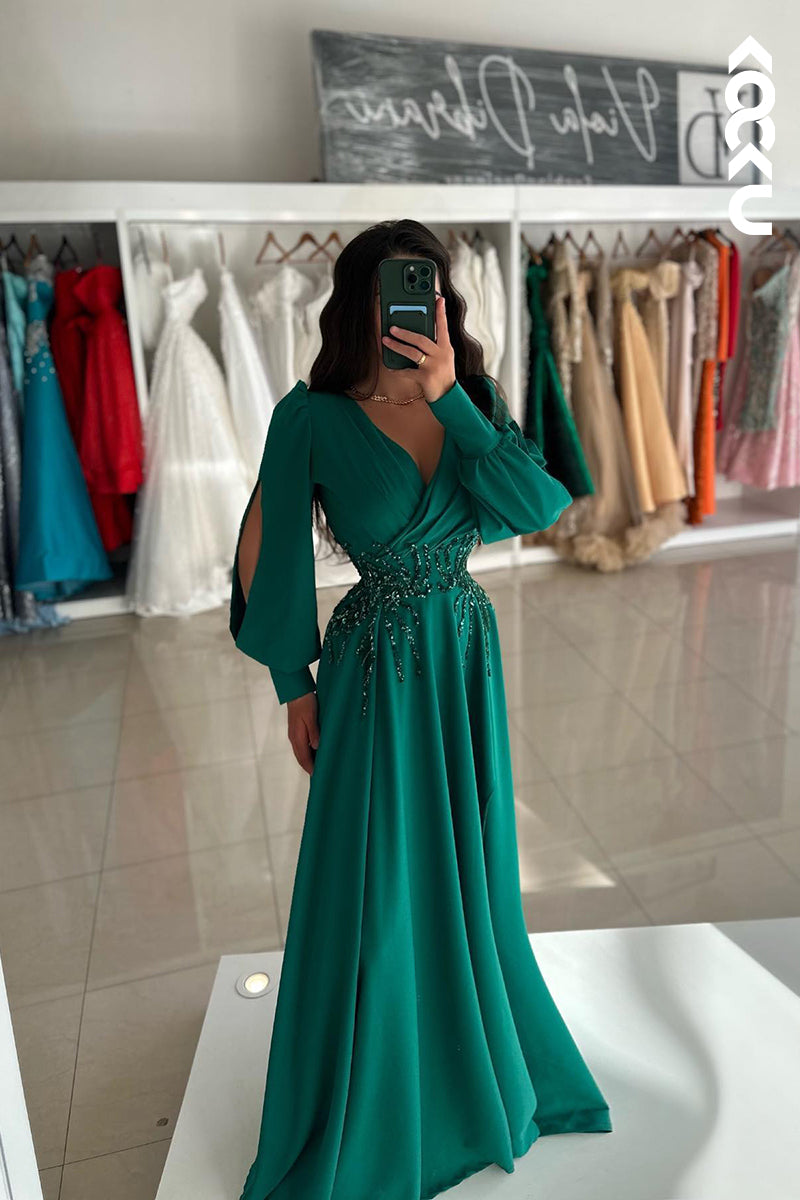 L2430 - Classic & Timeless V-Neck Long Sleeves A-line Formal Party Prom Dress With Sequined