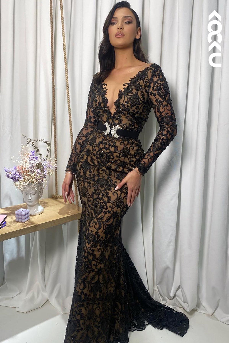 L2902 - Sexy & Hot Deep V-Neck Long Sleeves Allover Lace Applique Mermaid Evening Prom Dress