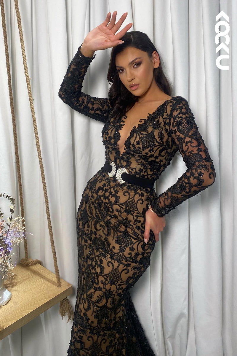 L2902 - Sexy & Hot Deep V-Neck Long Sleeves Allover Lace Applique Mermaid Evening Prom Dress