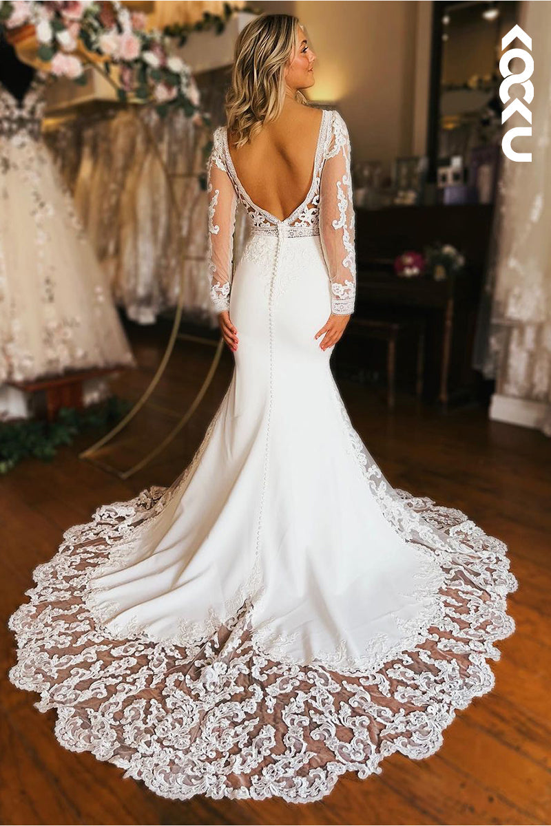 K1954 - Elegant & Luxurious V-neck Backless Long Sleeves Mermaid Wedding Dress With Applique
