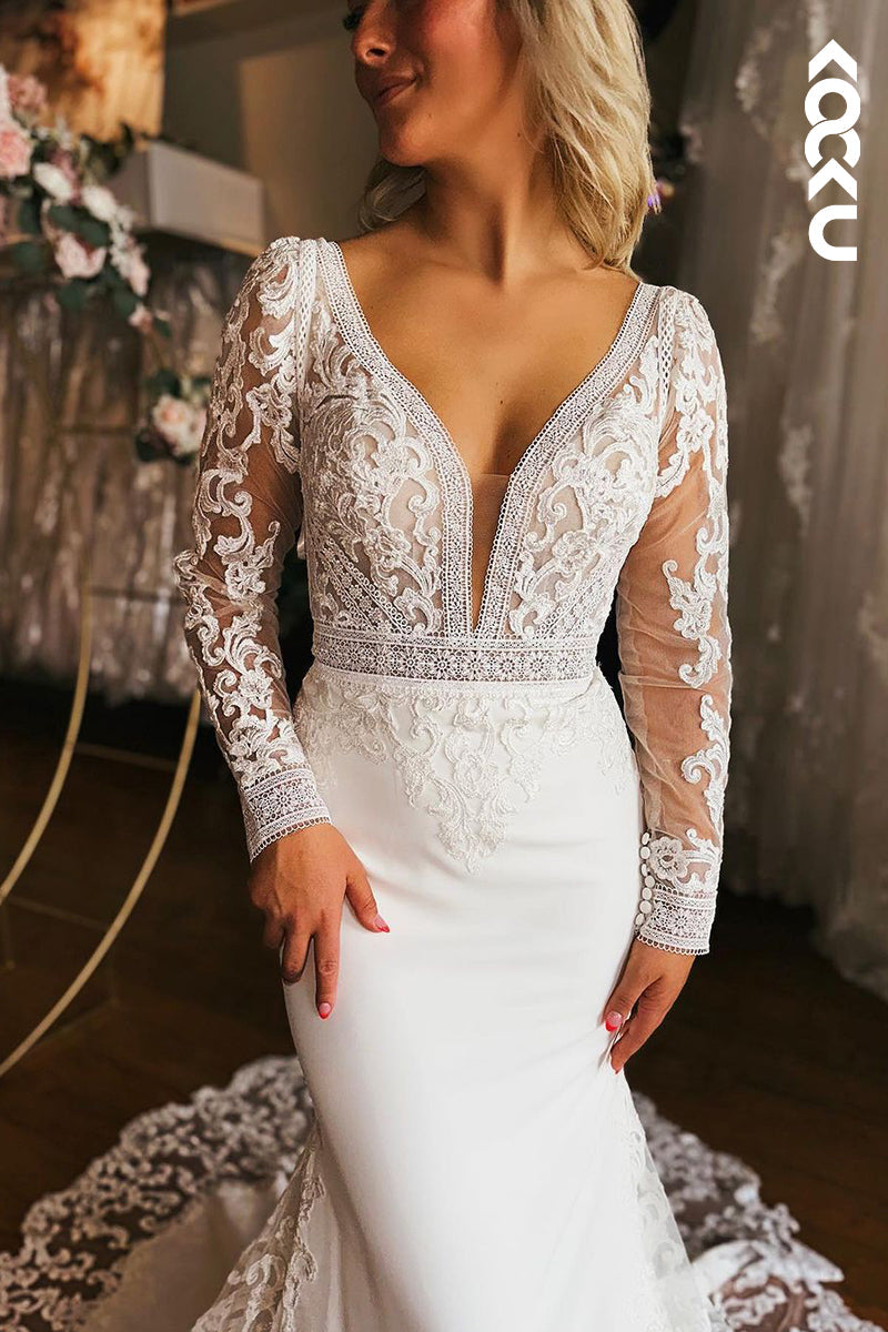 K1954 - Elegant & Luxurious V-neck Backless Long Sleeves Mermaid Wedding Dress With Applique