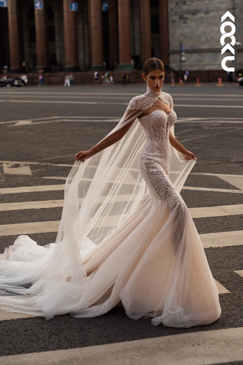 K2047 - Glamorous & Dramatic Mermaid Applique Tulle Wedding Dress