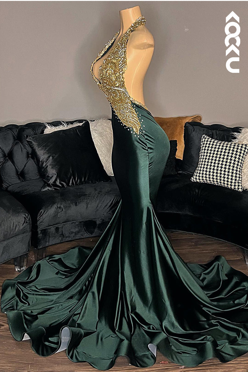 L2809 - Sexy & Hot Mermaid V-neck Ruffles Halter Sleeveless Backless Evening Party Prom Dress