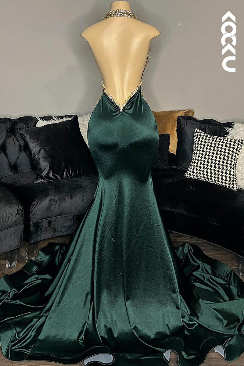 L2809 - Sexy & Hot Mermaid V-neck Ruffles Halter Sleeveless Backless Evening Party Prom Dress