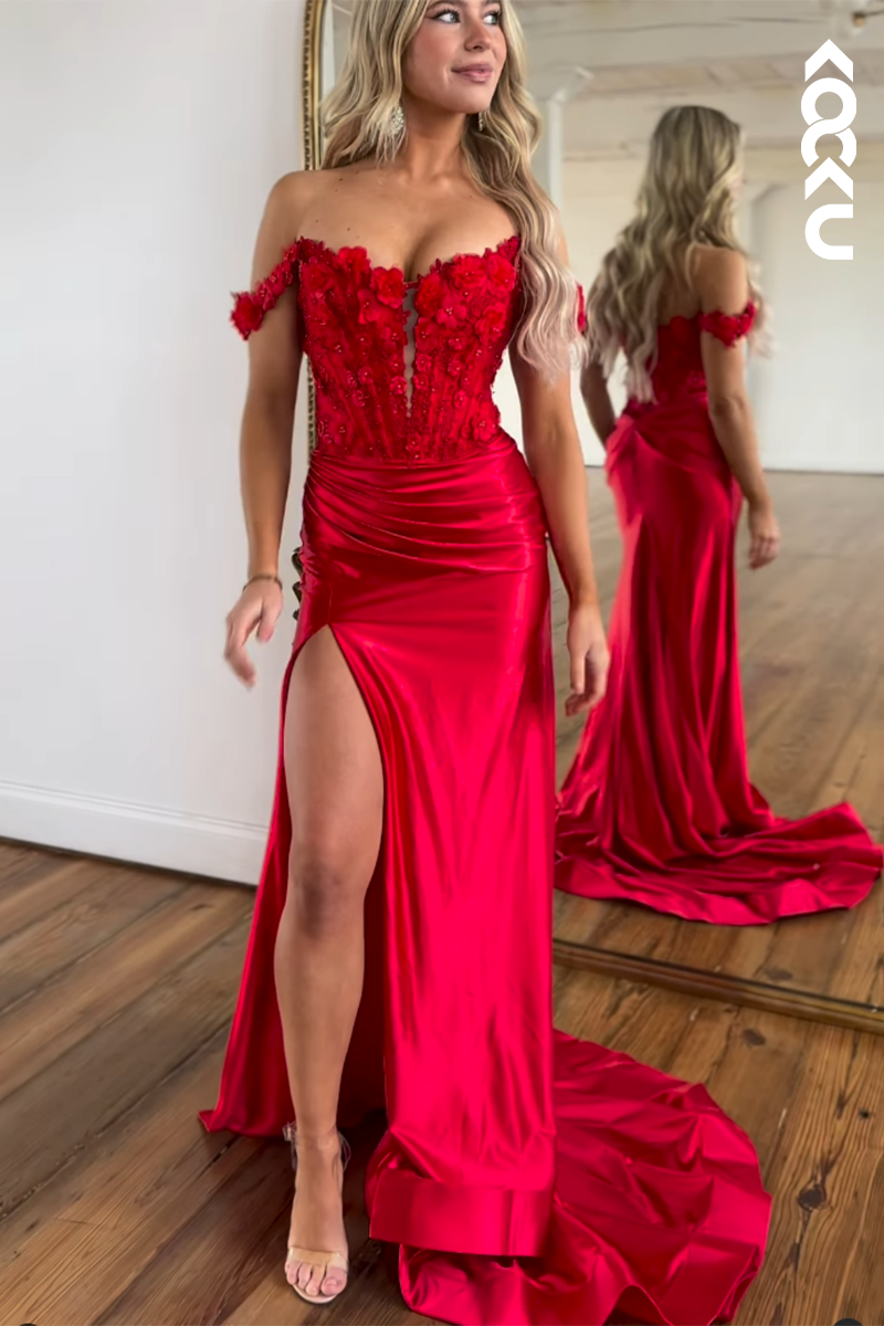 L2798 - Gorgeous & Charming Off-Shoulder Cap Sleeves Applique Mermaid Prom Dress With Slit