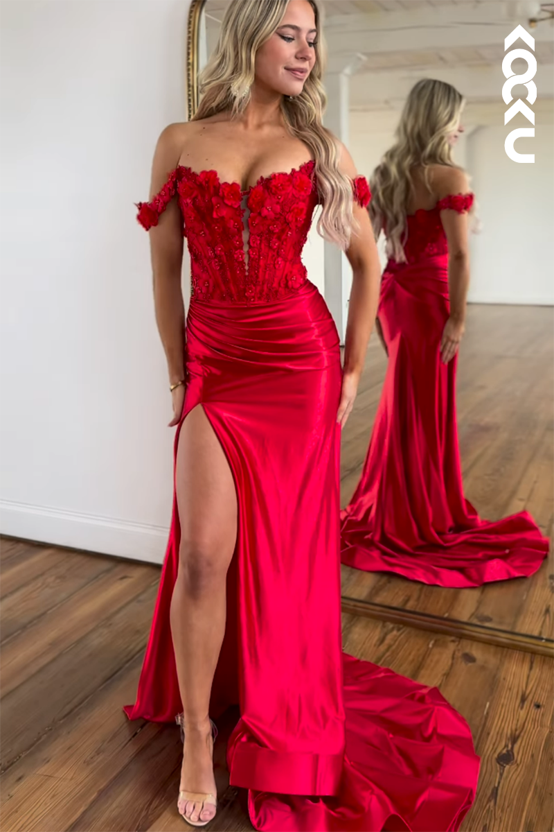 L2798 - Gorgeous & Charming Off-Shoulder Cap Sleeves Applique Mermaid Prom Dress With Slit