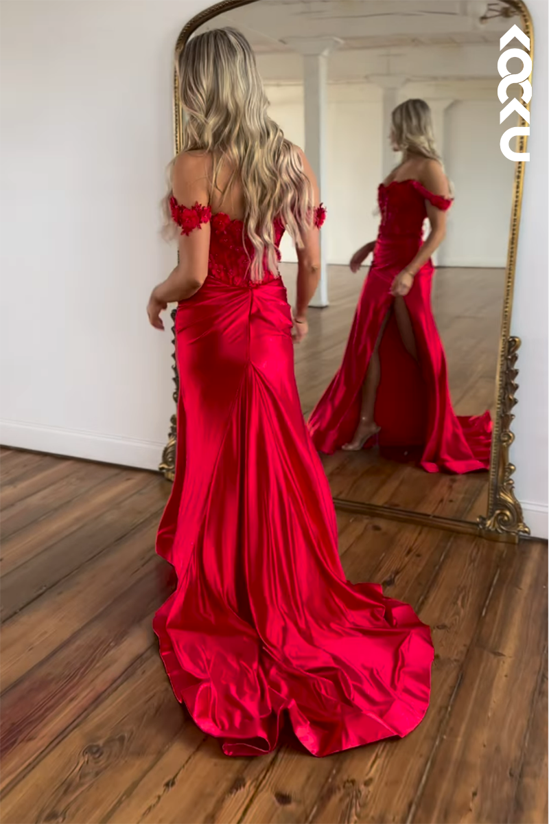 L2798 - Gorgeous & Charming Off-Shoulder Cap Sleeves Applique Mermaid Prom Dress With Slit