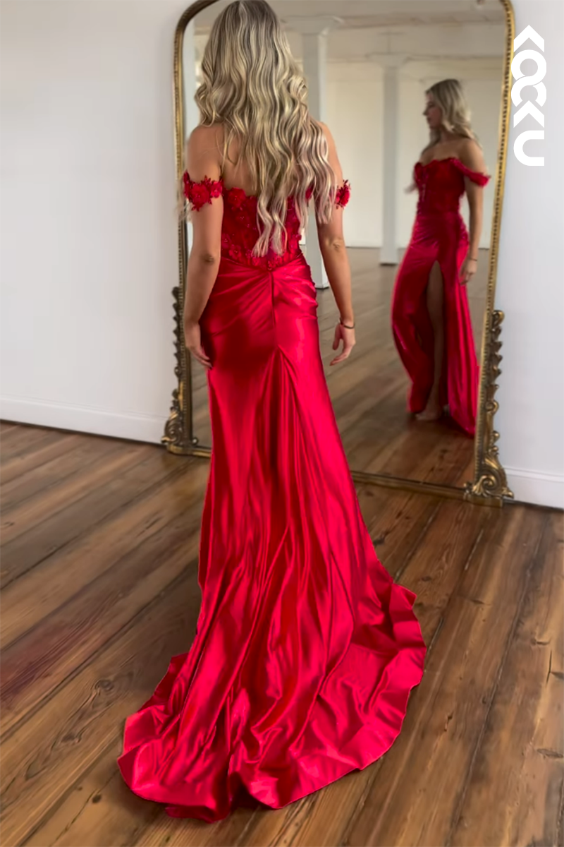 L2798 - Gorgeous & Charming Off-Shoulder Cap Sleeves Applique Mermaid Prom Dress With Slit