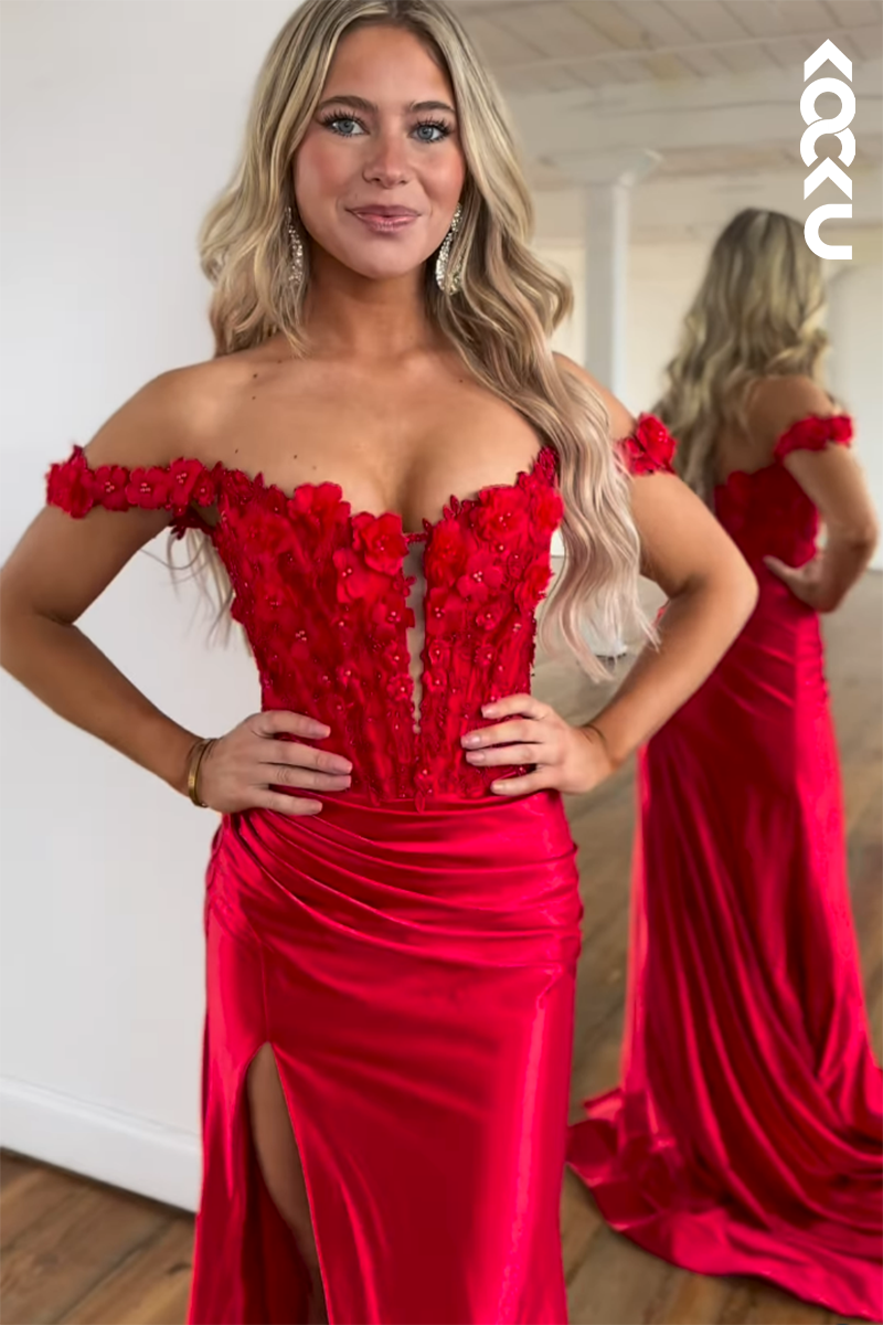 L2798 - Gorgeous & Charming Off-Shoulder Cap Sleeves Applique Mermaid Prom Dress With Slit