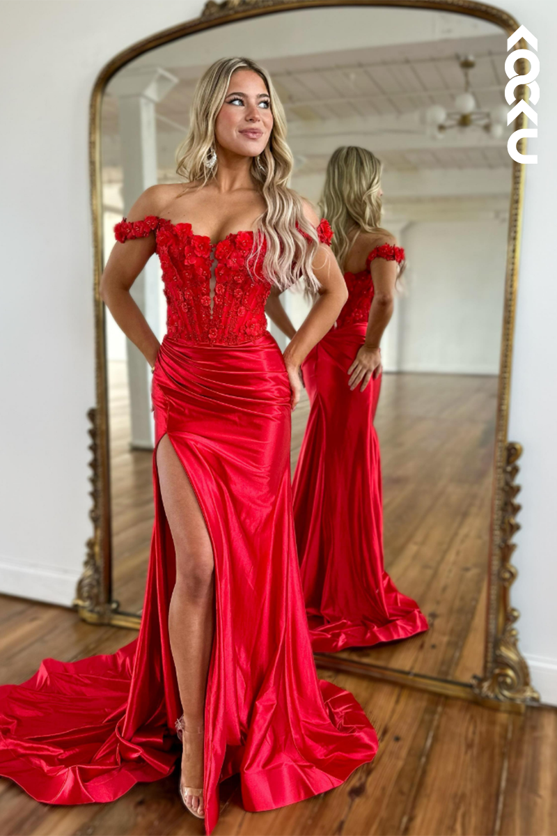 L2798 - Gorgeous & Charming Off-Shoulder Cap Sleeves Applique Mermaid Prom Dress With Slit