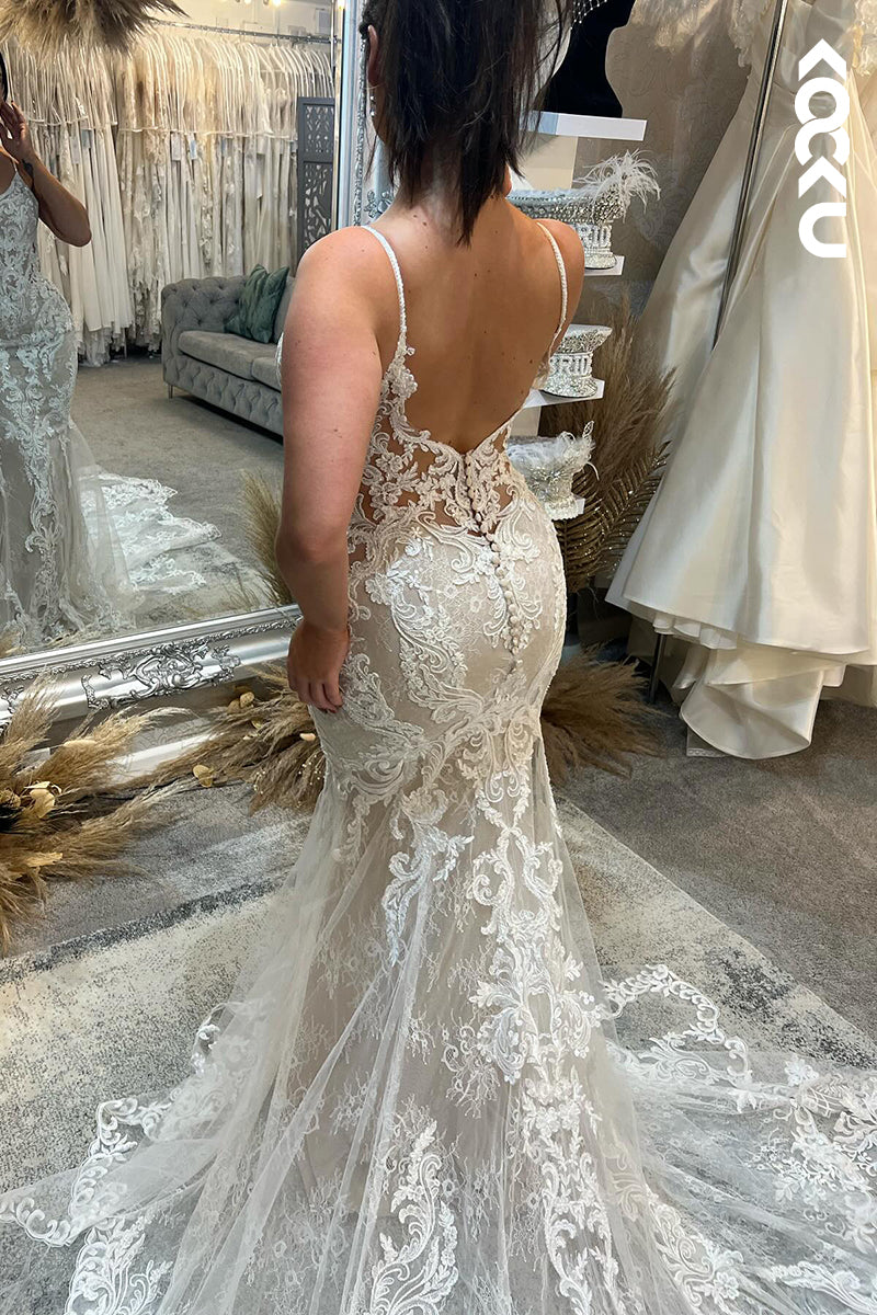 K2036 - Glamorous & Dramatic V-Neck Backless Allover Lace Applique Mermaid Wedding dress