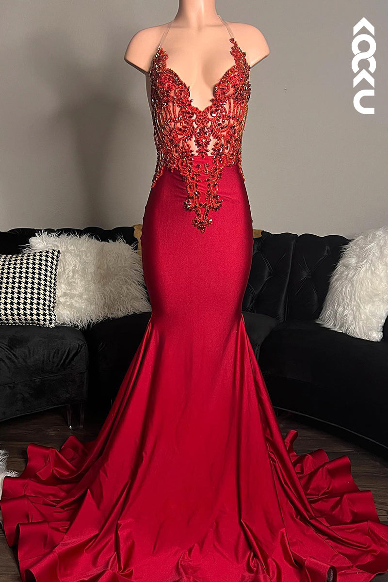 L2811 - Sexy & Hot Spaghetti Straps Halter Applique Ruffles Backless Evening Party Prom Dress