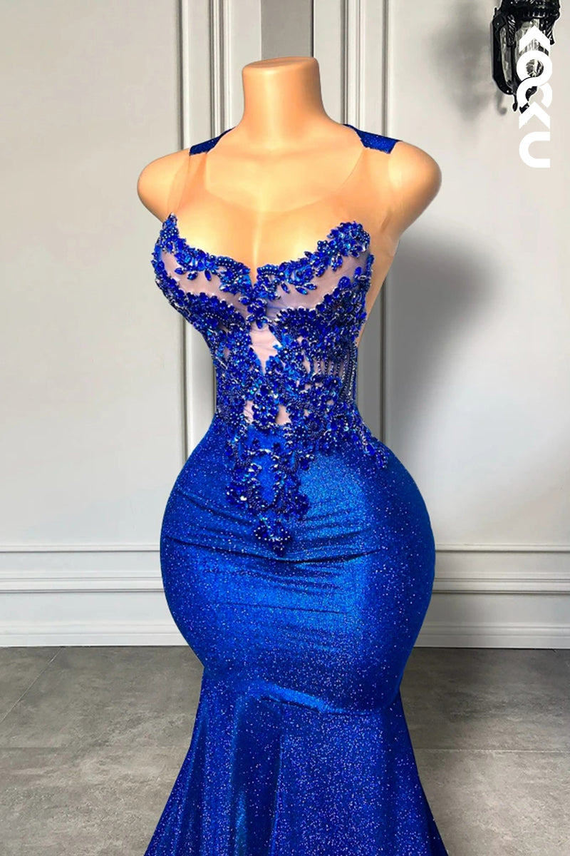 L2825 - Couture & Ornate Ruffles Sleeveless Applique Mermaid Evening Party Prom Dress