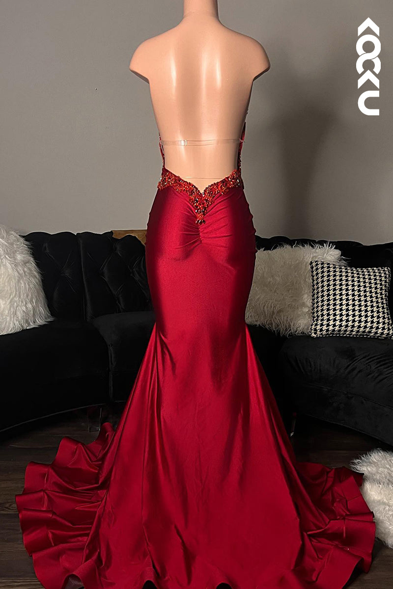 L2811 - Sexy & Hot Spaghetti Straps Halter Applique Ruffles Backless Evening Party Prom Dress