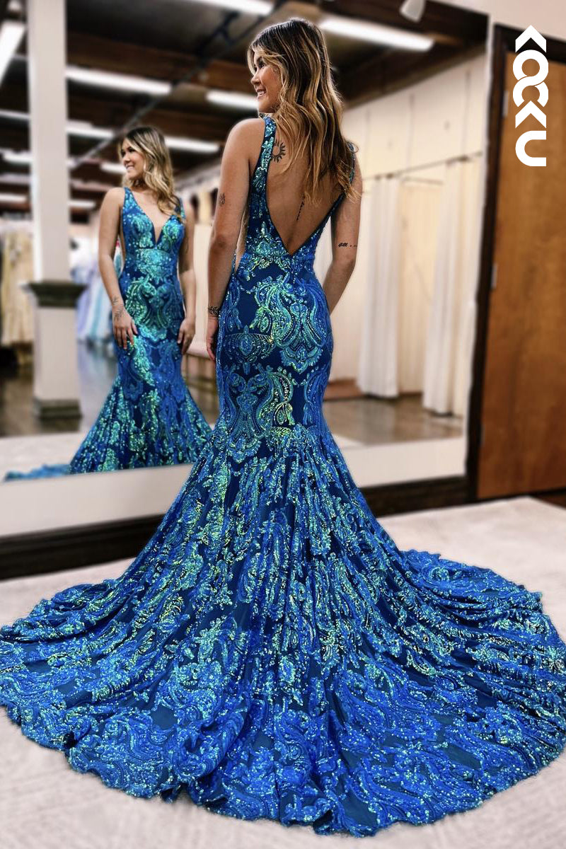 L2869 - Trumpet/Mermaid Ruffles Luxurious V-Neck Squins Backless Party Prom Dress