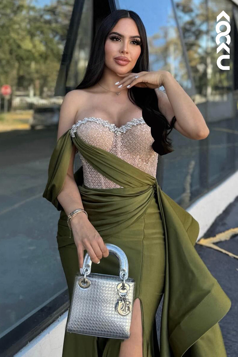 L2932 - Elegant & Luxurious Off-Shoulder Sleeveless Sheath Side Slit Party Prom Dress