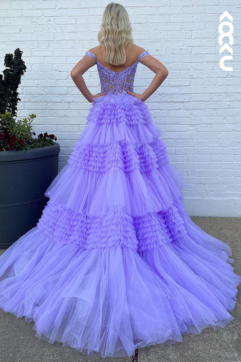 L2939 - Elegant & Luxurious Cap Sleeves Off-Shoulder A-Line Applique Party Prom Dress