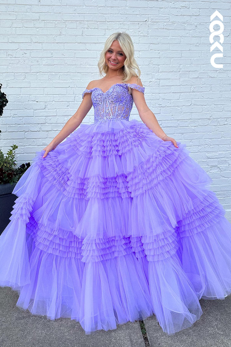 L2939 - Elegant & Luxurious Cap Sleeves Off-Shoulder A-Line Applique Party Prom Dress