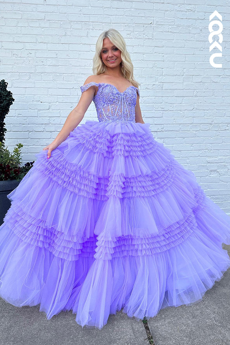 L2939 - Elegant & Luxurious Cap Sleeves Off-Shoulder A-Line Applique Party Prom Dress
