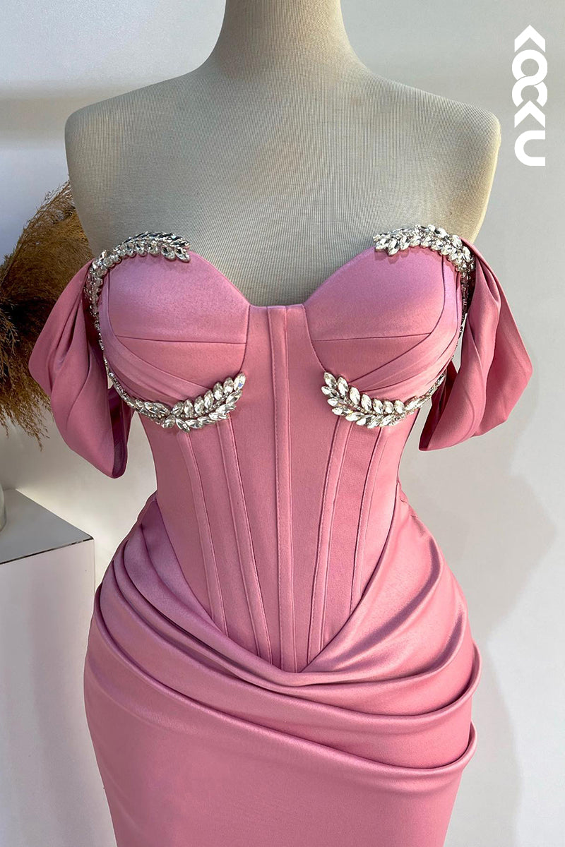 L2704 - Gorgeous & Charming Cap Sleeves Off-Shoulder Ruched Sheath Prom Dress With Rhinestones