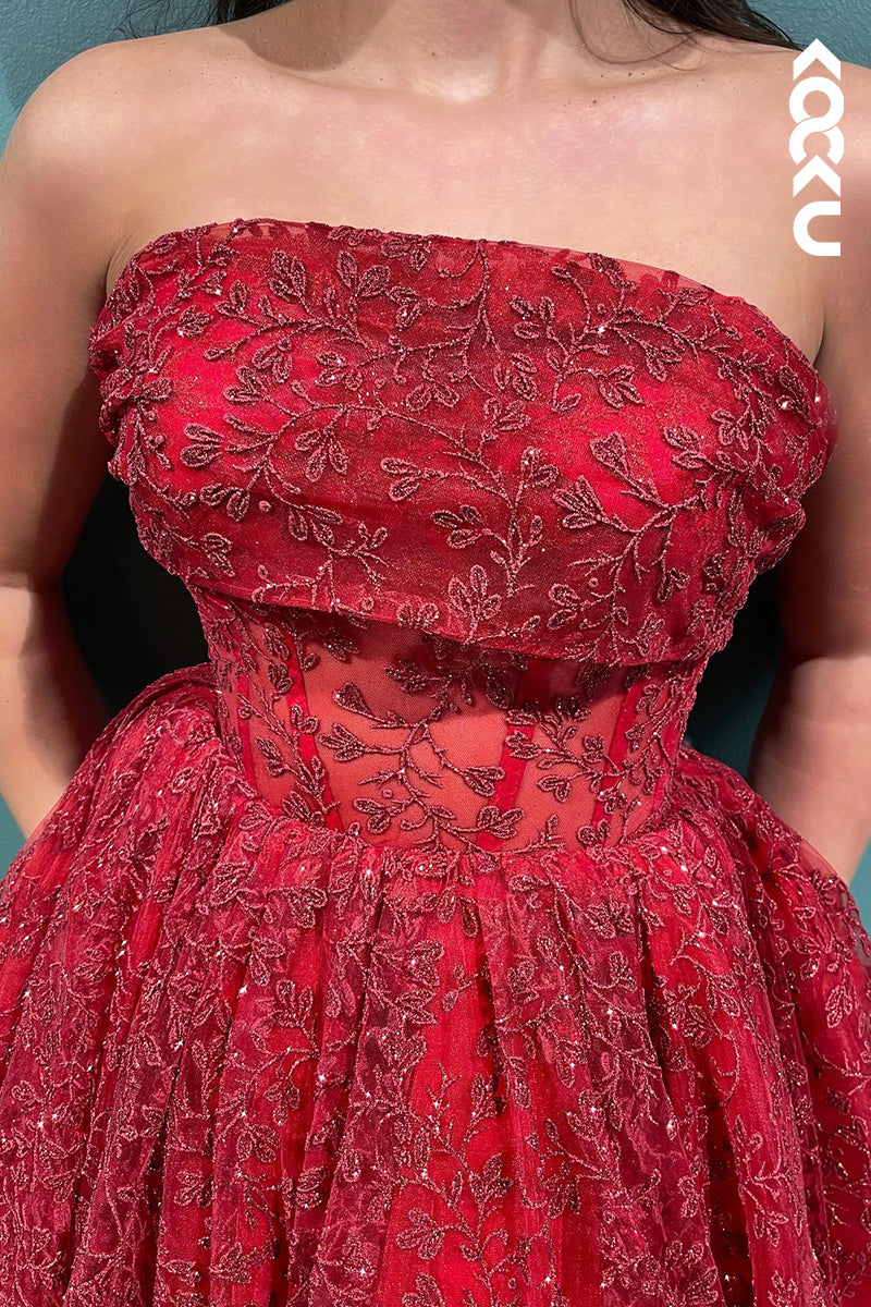 L2913 - Glamorous & Dramatic Ball Gown A-Line Printed Off-Shoulder Sleeveless Prom Dress