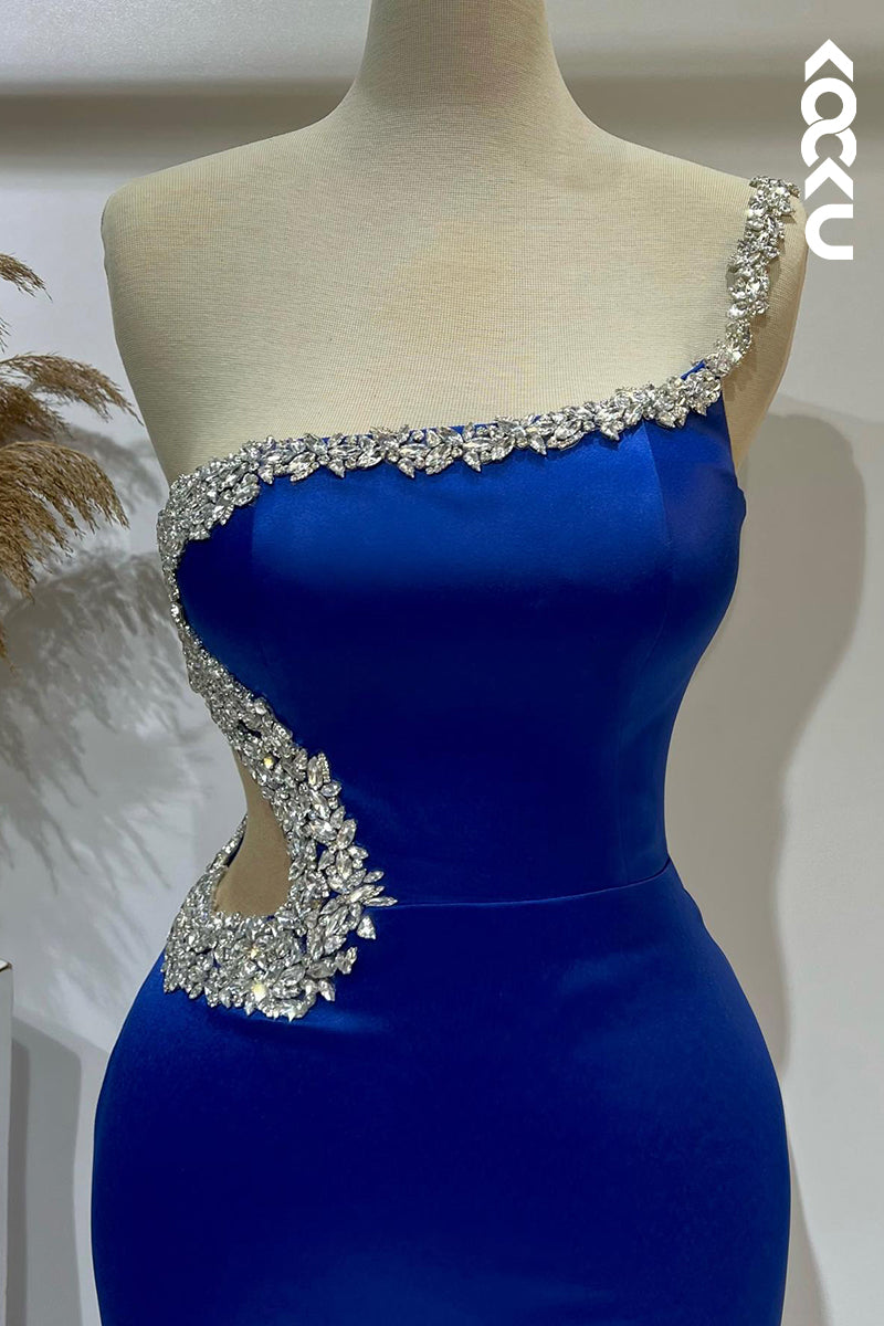 L2703 - Couture & Ornate One Shoulder Sleeveless Sheath Side Slit Prom Dress With Rhinestones